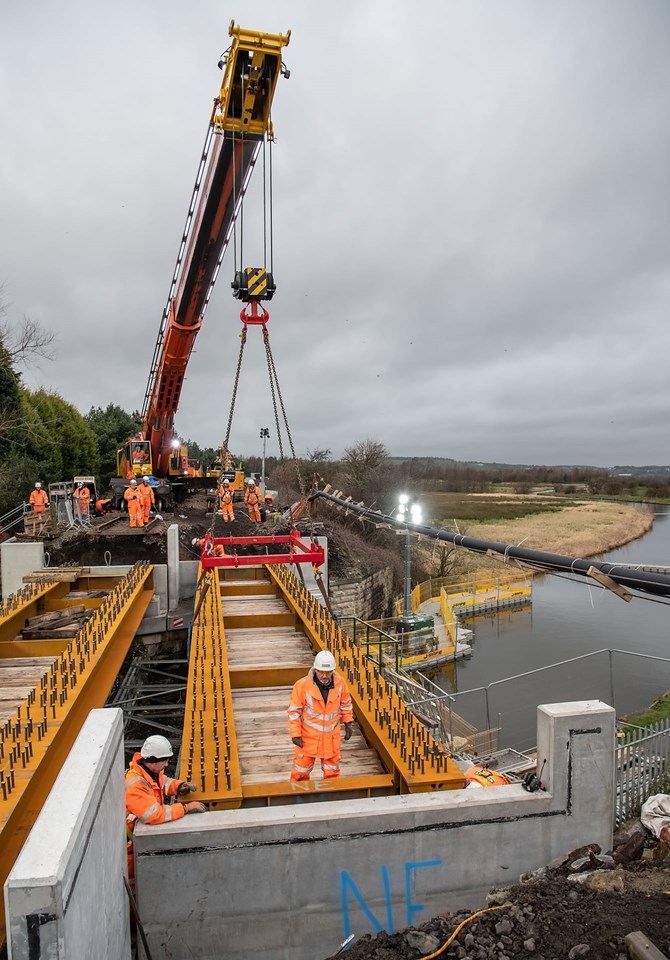 New bridge deck being lifted into place at Oswaldtwistle