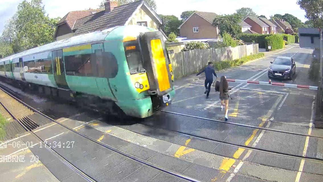 Frightening video footage shows people risking their lives at level crossings as Network Rail warns people to stay safe at level crossings during the summer holidays: Network Rail Southern region level crossing safety campaign cropped