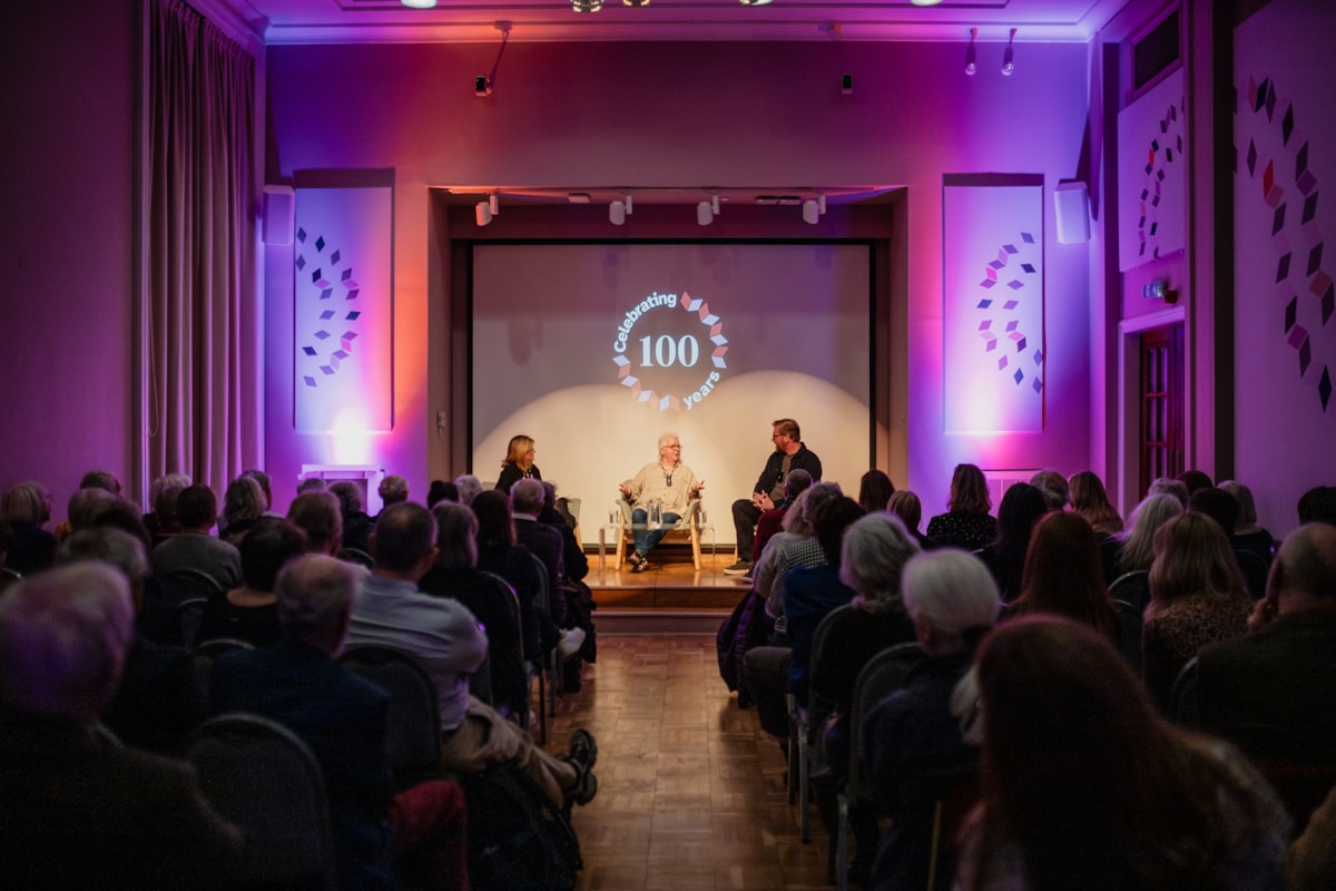 Centenary Champions Val McDermid and Damian Barr in conversation with National Librarian Amina Shah at the National Library's Curtain Raiser event