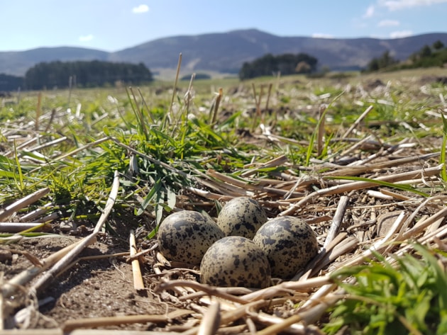 Lapwing nest by Marlies Nicolai: Four eggs in a lapwing nest on the ground. Image credit Marlies Nicolai.