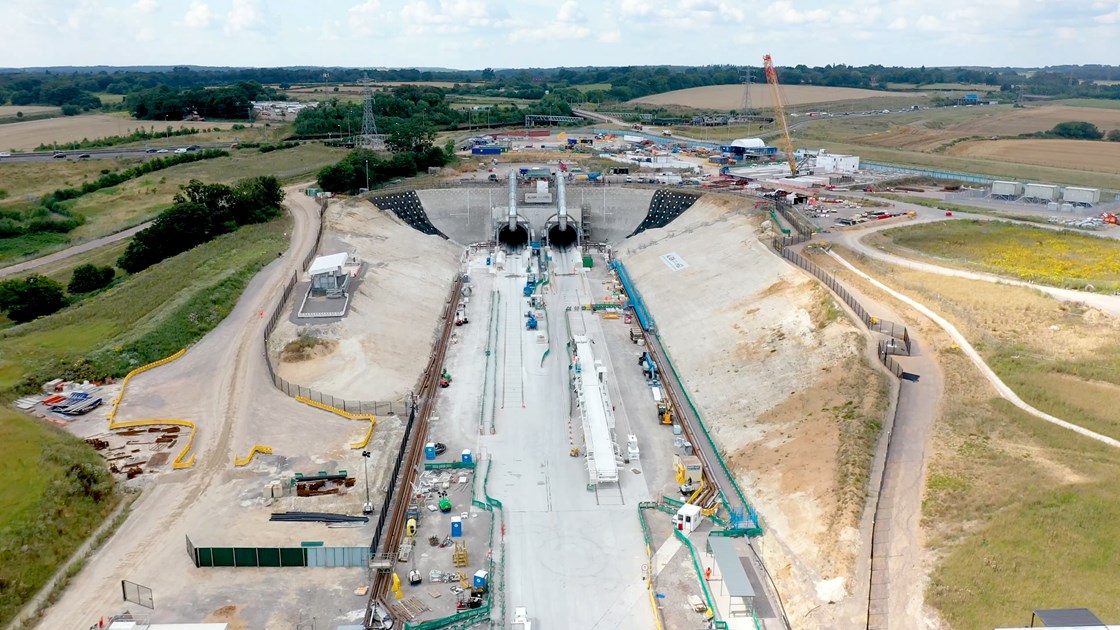 Aerial view of entrance to the HS2 Chiltern Tunnel at its South Portal in Hertfordshire, August 2021 HS2-VL-27319