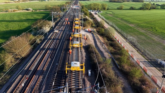 PHOTO Track panels being carried on lifters to be installed on new bridge deck in Ledburn Easter 2026: PHOTO Track panels being carried on lifters to be installed on new bridge deck in Ledburn Easter 2026