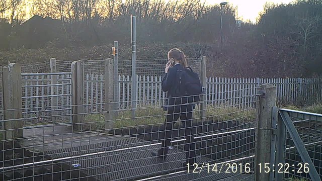 A school girl walks across Griffin lane level crossing while using a mobile phone
