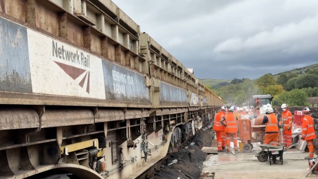 Engineering train travelling over viaduct during repairs at Chapel Milton September 2025-2: Engineering train travelling over viaduct during repairs at Chapel Milton September 2025-2