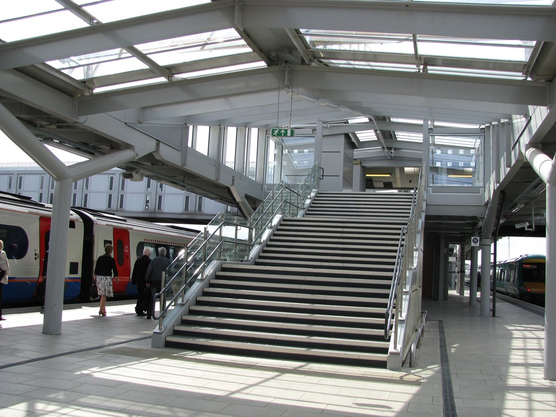 New Canopies and Stairs Derby Station: Bright new canopies and stairs Derby Station