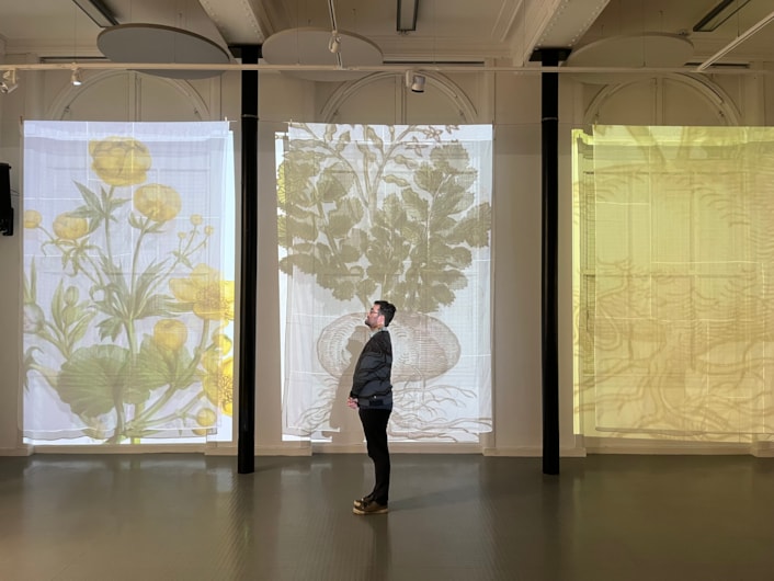 Unearthed at Leeds Central Library: As well as the books on display, the exhibition features The Speaking Garden a multimedia installation inspired by the library’s collection and the gardeners of Leeds.
Filled with colourful projected visuals and a soothing soundscape from Buffalo Sound Design, the installation seeks to create a ‘garden of voices’ by inviting local growers to submit their own audio clips about what gardening means to them.