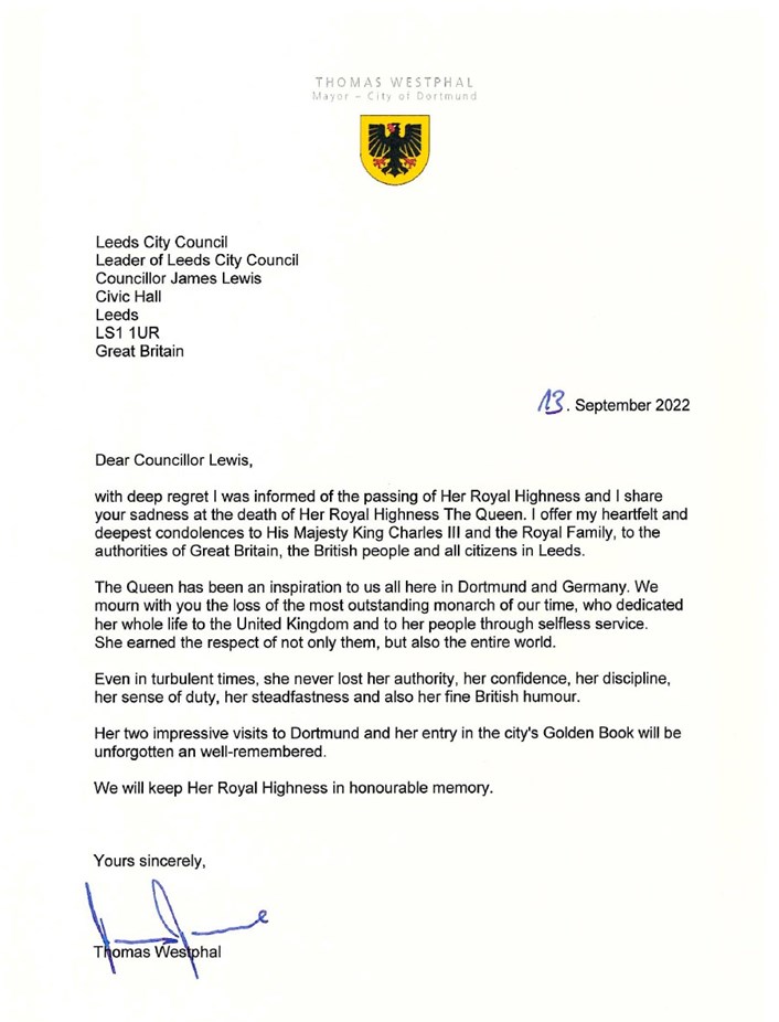 Dortmund: Condolence letter from Mayor of Dortmund following death of Her Majesty The Queen.