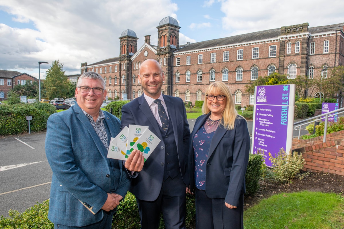 l-r: Dale Hill, of WELL Project, with Danny Gee, head of West Cumbria Learning Centre, and Dr Ruth Harrison-Palmer, director of the University of Cumbria's Institute of Education, Arts and Society as the university confirms its support for the Cumbrian Award school programme