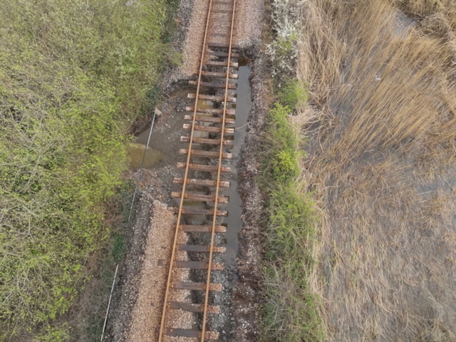 Aerial shot of flood damage at Dolgarrog on the Conwy Valley Line in North Wales, April 2024: Aerial shot of flood damage at Dolgarrog on the Conwy Valley Line in North Wales, April 2024