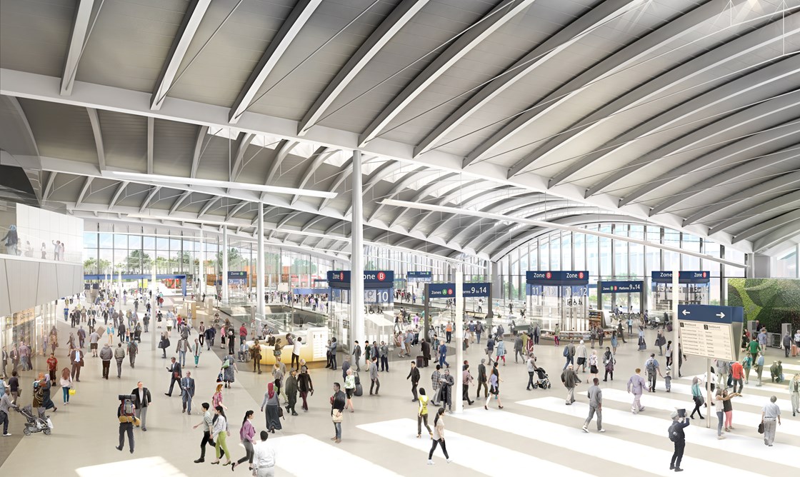 Old Oak Common Station Interior February 2020: Interior CGI of main station concourse at Old Oak Common.