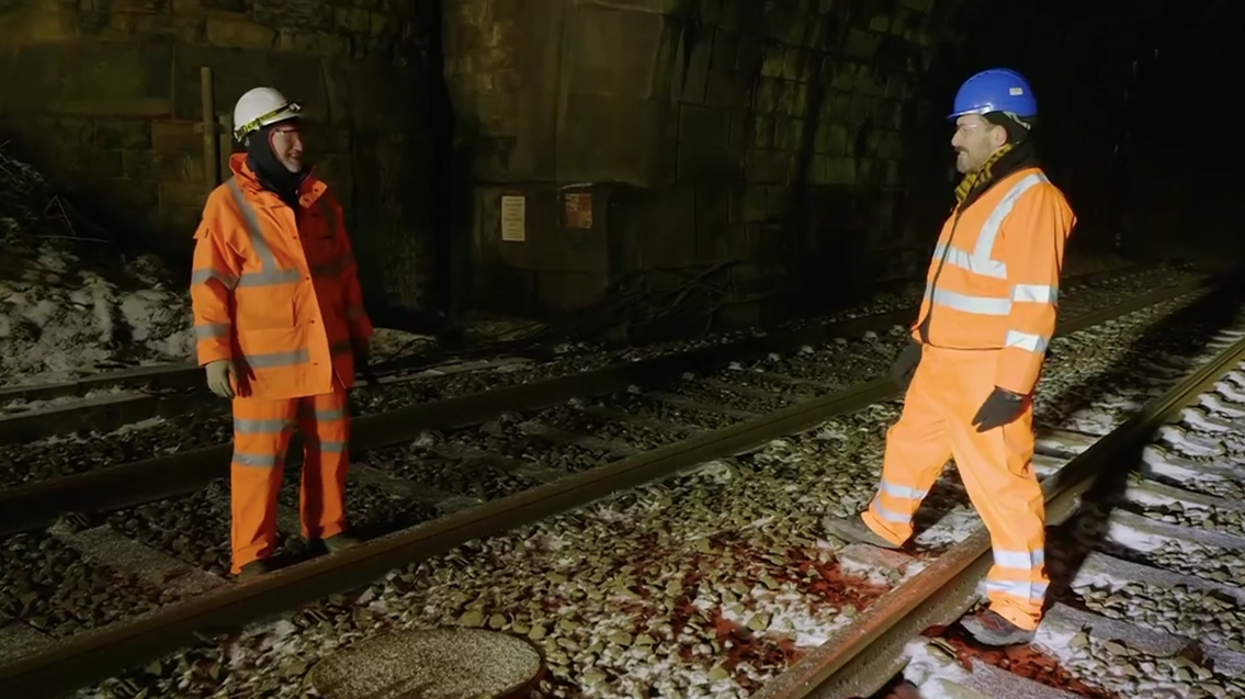 Victorian Leeds tunnel and enchanted portal showcased in hit railway TV series tonight: Ian Wilson and Tim Dunn inside the Bramhope Tunnel, photo credit UKTV