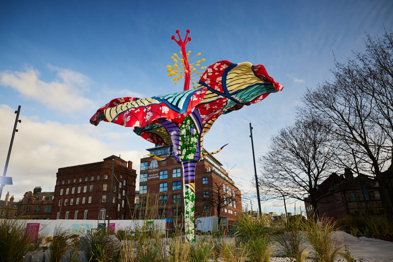 Hibiscus Rising: Last November saw Yinka Shonibare’s spectacular Hibiscus Rising installed close to Aire Park. The incredible piece commemorates the life and death of David Oluwale, a British-Nigerian man who died in 1969 after being racially harassed.
The artwork closely followed the opening of The David Oluwale Bridge spanning the River Aire between Sovereign Street and Water Lane.
Photo credit David Lindsay