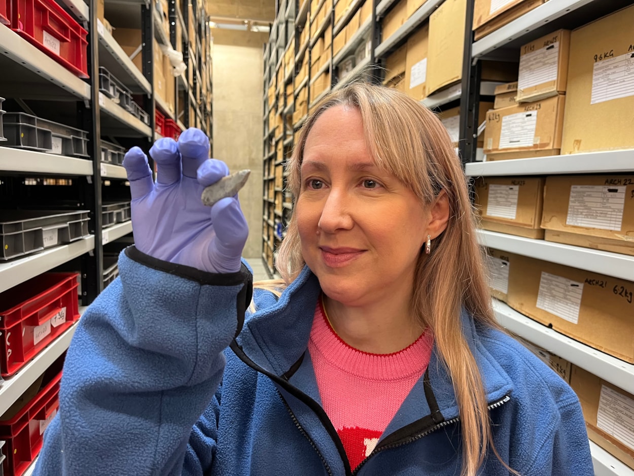 ELOR archive: Among the oldest discoveries they made was an Early Neolithic, leaf-shaped arrowhead. Carefully shaped from flint around 6,000 years ago, each individual knapping mark, the ancient process used to shape and sharpen stone, is still clearly visible along its keen edges. Kat Baxter, Leeds Museums and Galleries' curator of archaeology is shown here with the find.