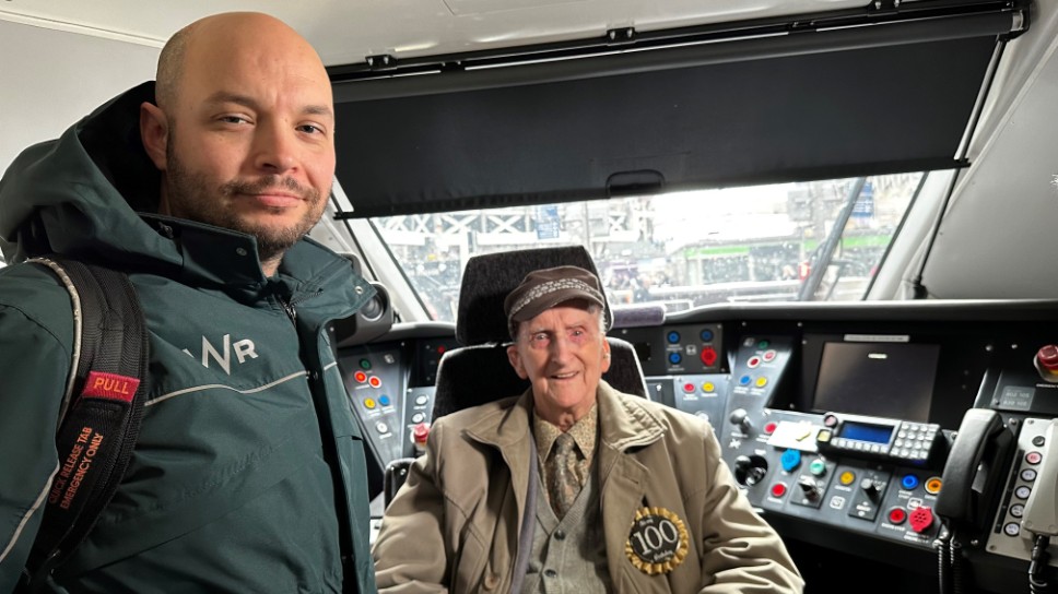 Alf Wells with driver Adam Crofts in the cab of a Class 800 Intercity Express Train cab at London Paddington