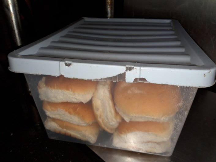 Emma's Sandwich 3: Image shows a clear plastic box containing bread buns, with the lid showing evidence of having been chewed by rats.