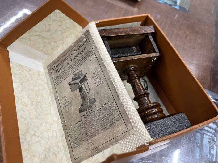 Library Christmas books: A miniature copy of the King James Bible, which is among the books on display, giving visitors a rare chance to see a highly unusual example of the original Christmas story.
Little enough to fit in the palm of a hand, and with text so tiny it can only be read with a magnifying glass, the Bible dates from around 1911, and is thought to be one of the smallest examples of its kind anywhere in the world.