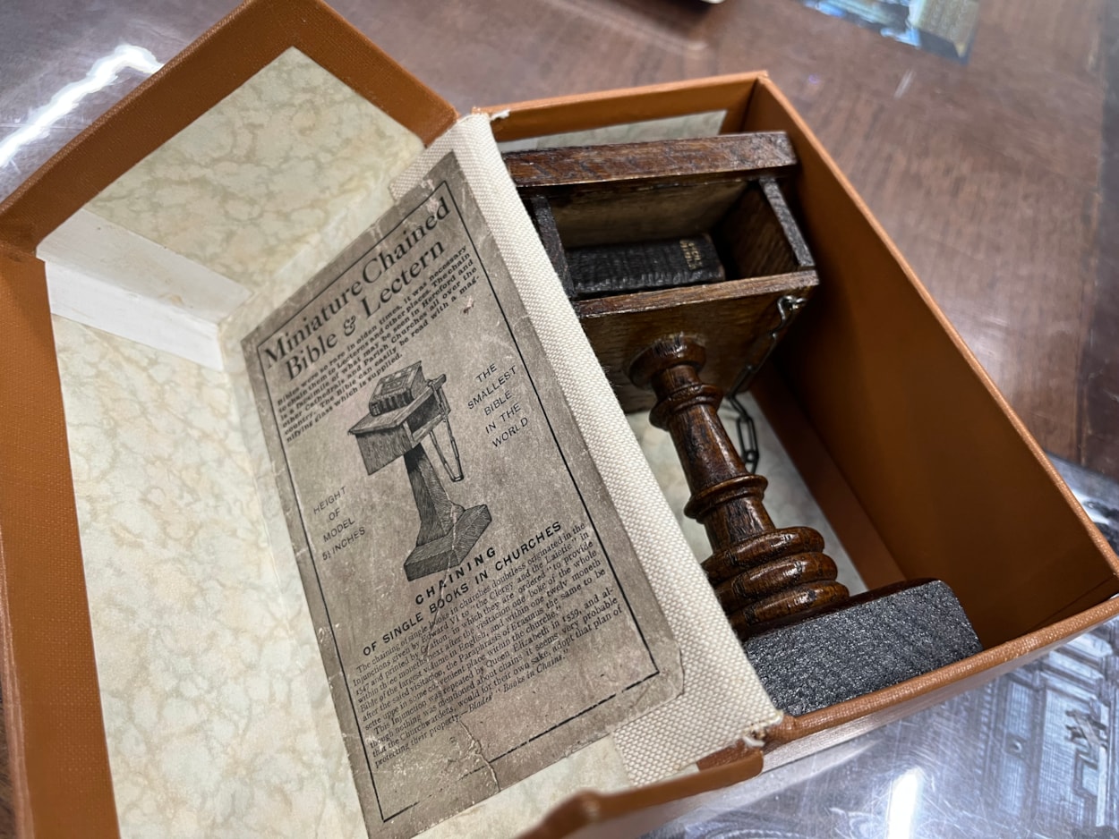 Library Christmas books: A miniature copy of the King James Bible, which is among the books on display, giving visitors a rare chance to see a highly unusual example of the original Christmas story.
Little enough to fit in the palm of a hand, and with text so tiny it can only be read with a magnifying glass, the Bible dates from around 1911, and is thought to be one of the smallest examples of its kind anywhere in the world.