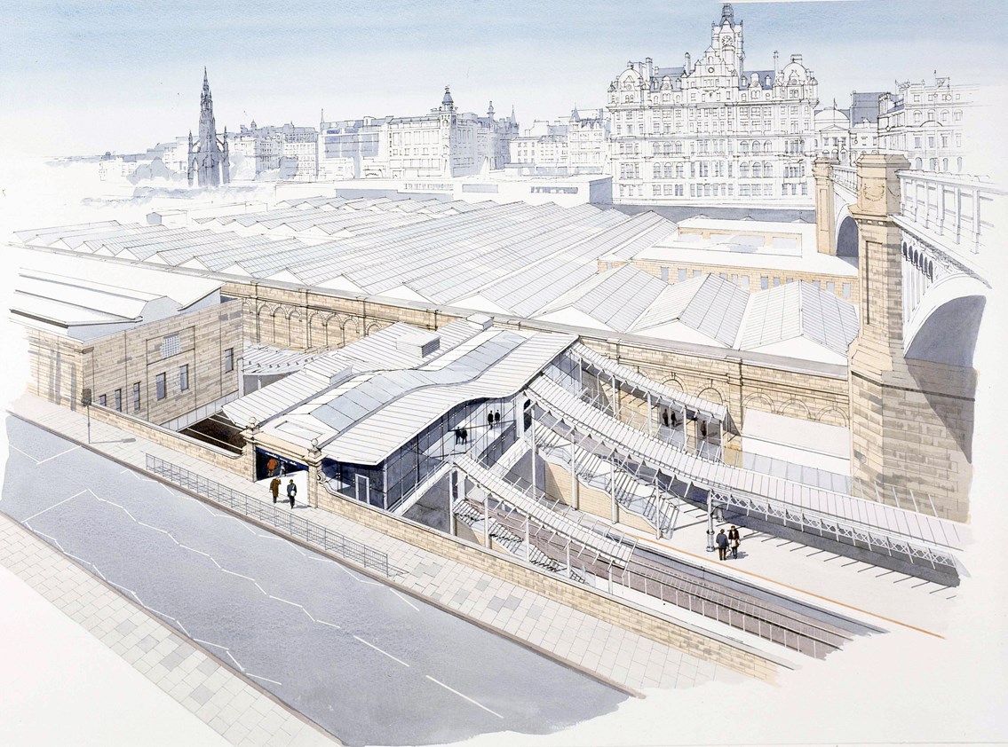 Waverley - Market Street entrance: Impression of new, DDA compliant entrance from Market Street on the south side of the station, including new access to Platforms 8 and 9
