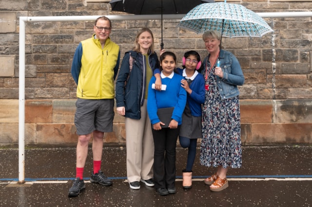 Dalry Primary School Zone 3: Cllr Scott Arthur, Transport & Environment Convener at City of Edinburgh Council; Karen McGregor, Scotland Director at Sustrans; Umaima Rakha Parveen,  Junior Road Safety Officer; Atti Roy,  Junior Road Safety Officer; Elaine Honeyman, Headteacher at Dalry Primary School