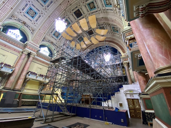 Leeds Town Hall organ project begins: Pipe organ specialists from Nicholson and Co. Ltd set up in Leeds Town Hall's magnificent Victoria Hall this week where they began erecting a complex network of scaffolding around the 50ft high organ before getting to work on the painstaking process of dismantling its impressive pipes and intricate inner workings.