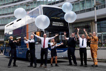 Go North West bounces back to pre-pandemic passenger levels: Staff at bus company Go North West celebrate reaching 100% of pre-pandemic passenger numbers.
Pictured are (left to right): Driver Chris Coombs, driver Steven Ainsworth, MD Nigel Featham, driver Jayne McMinn, driver Chris Harrop, supervisor Darren Hudson, and engineer Kenneth Fenton.