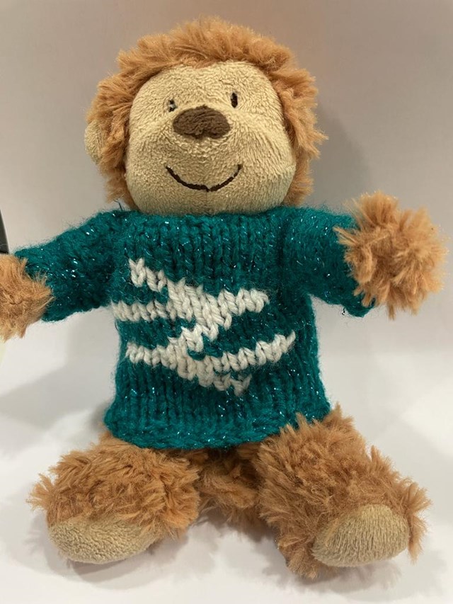 Monkey in hand-knitted National Rail logo jumper donated from Birmingham News Street Christmas decorations