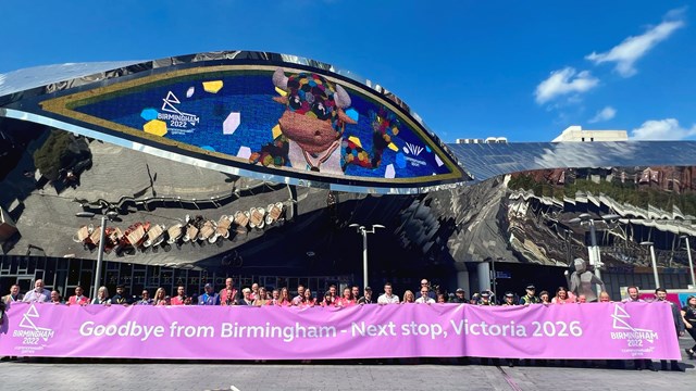 New Street says 'Goodbye from Birmingham - next stop Victoria 2026': Huge handover banner outside Birmingham New Street station at the end of the Commonwealth Games