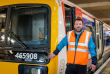 Railway 200 Networker Unveiling - Charing Cross February 2025-3: Southeastern driver Ben Patton with 465908 at Charing Cross station.