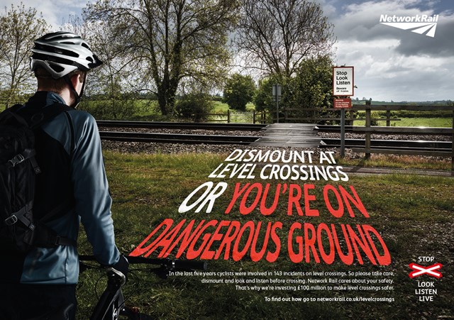 Network Rail push bike level crossing safety message: Footpath crossing cyclist poster