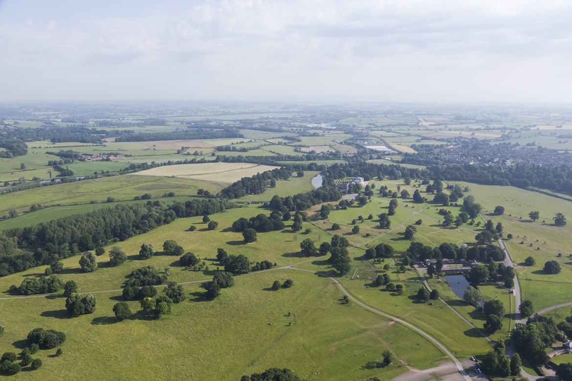 HS2 funds major new environmental project in Staffordshire: Aerial view of Shugborough Estate and the Trent Sow area. ©National Trust Images & Chris Lacey