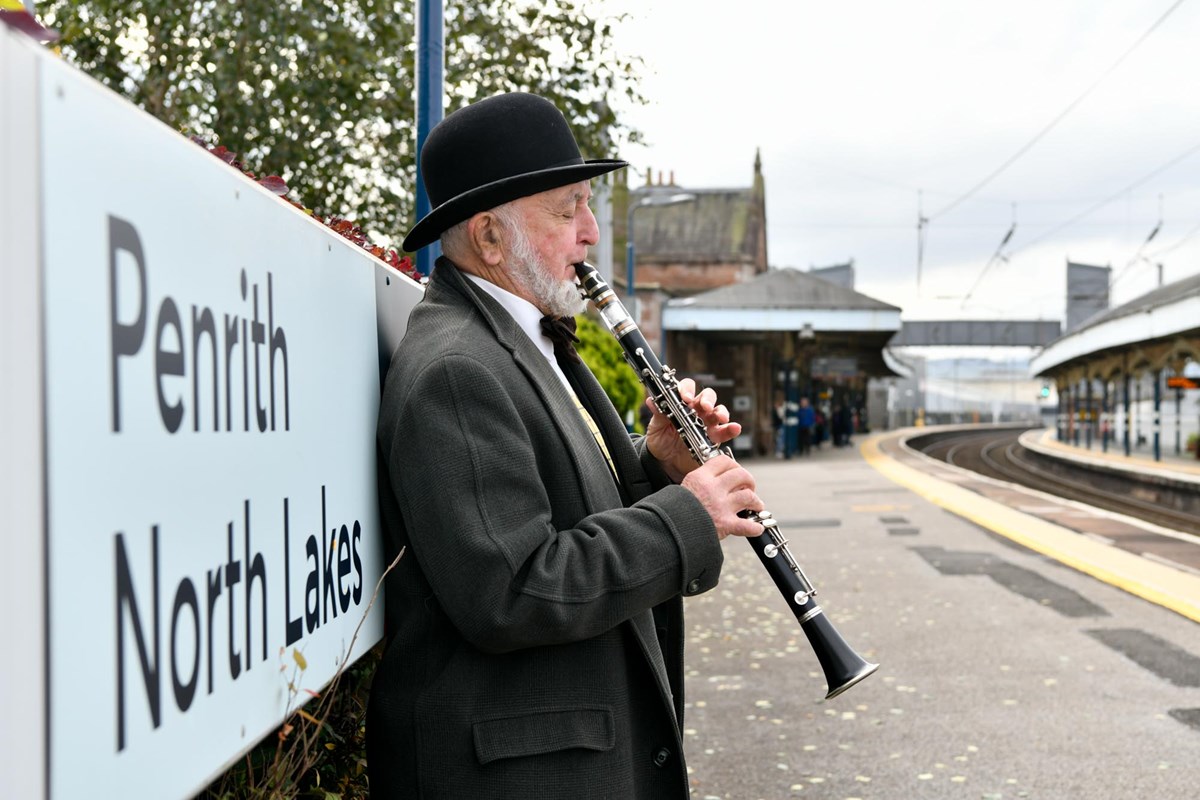 Philip Lowe visits Penrith station to enjoy company and play his clarinet