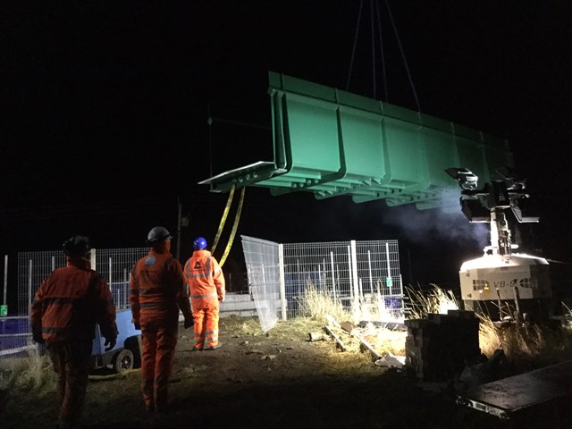 Niddry Castle footbridge being craned into position: Final strcuture to be route cleared ahead of Electrification of the line between Edinburgh and Glasgow