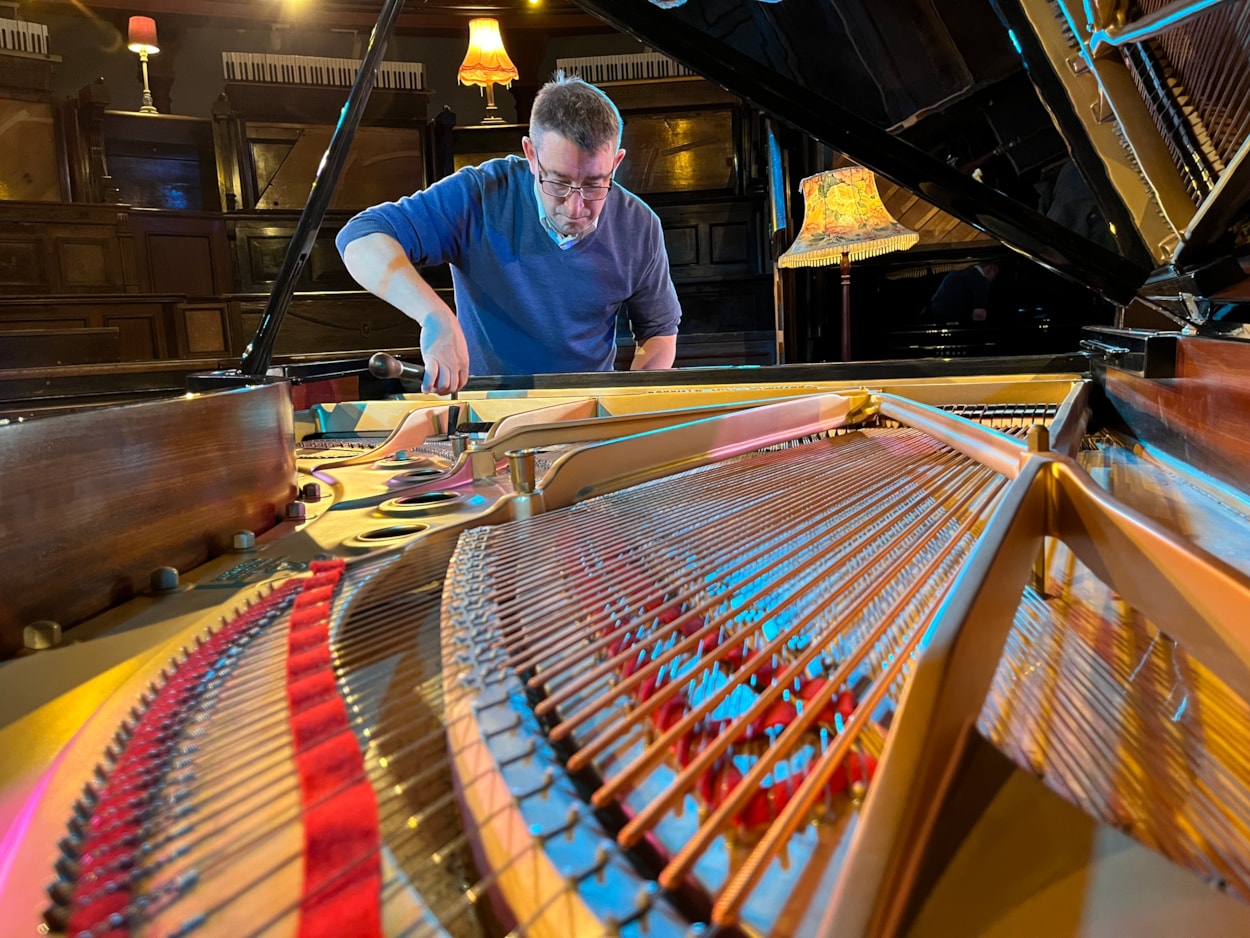 Pianodrome at Leeds City Museum: Expert piano tuner John Tordoff at Leeds City Museum, ensuring the Pianodrome is on song ahead of the concert this Sunday.
The museum and Pianodrome itself will host Duo Ardašev - a piano duo comprising pianists Renata Lichnovská and Igor Ardašev.