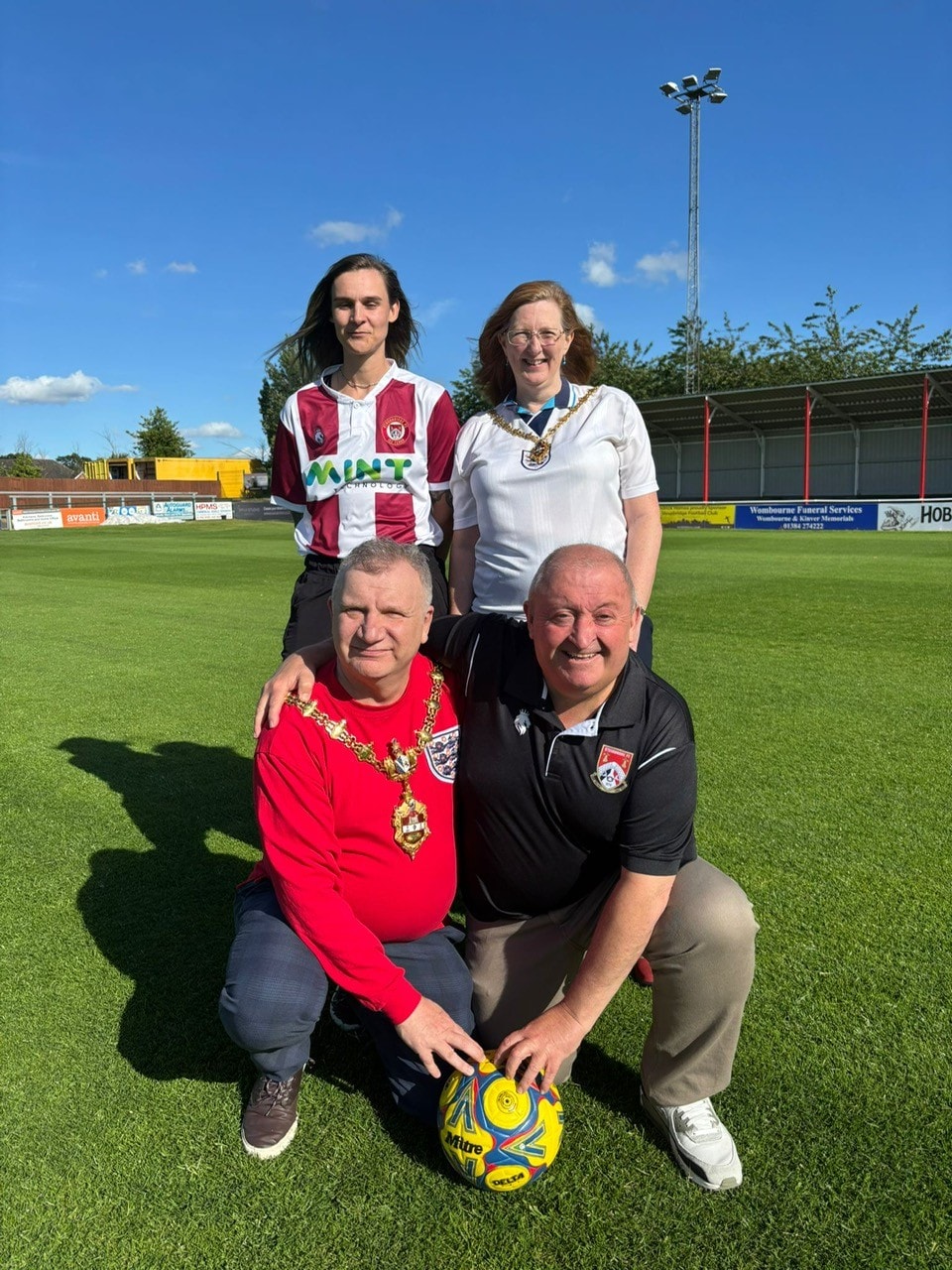 Front - Mayor of Dudley Councillor Pete Lowe with Chairman of Stourbridge FC Andy Poutney
Back - Manager of Stourbridge FC's Women's first Team Beck Knight and Mayoress Su Lowe.