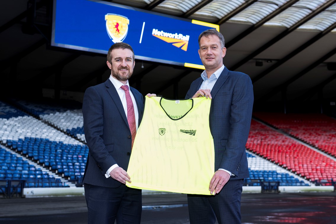 Network Rail Scottish FA partnership 3: GLASGOW, SCOTLAND - FEBRUARY 29: Network Rail Regional Managing Director Liam Sumpter and SFA Managing Director Ian Maxwell announce a three-year partnership between Network Rail and the Scottish Football Association at Hampden Park, on February 29, 2024, in Glasgow, Scotland. (Photo by Paul Devlin / SNS Group)
