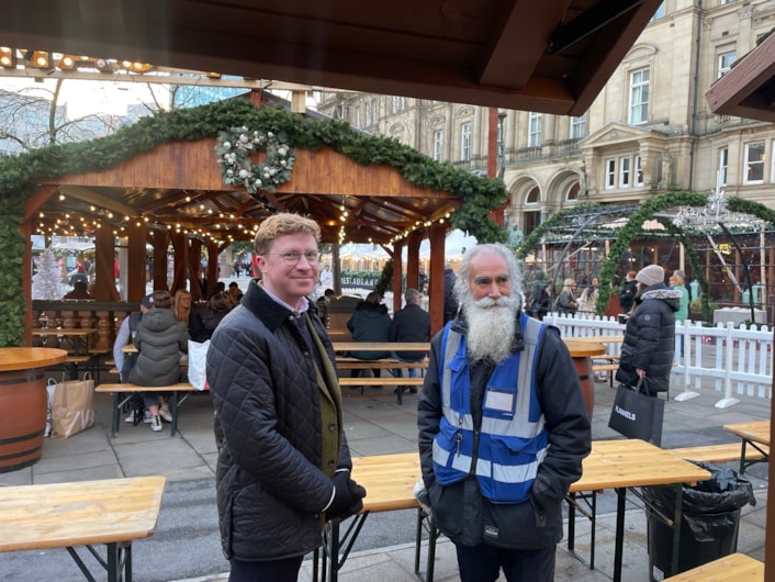 Councillor Pryor and Nirmal Bassi 2: Councillor Jonathan Pryor and market manager Nirmal Bassi at the opening of Leeds Christmas Markets.