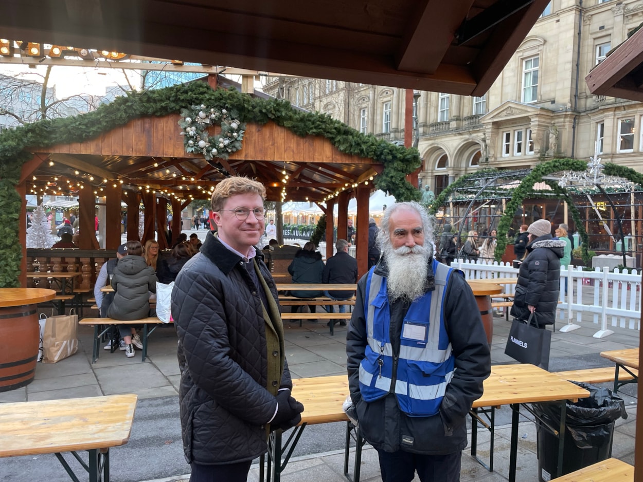 Councillor Pryor and Nirmal Bassi 2: Councillor Jonathan Pryor and market manager Nirmal Bassi at the opening of Leeds Christmas Markets.