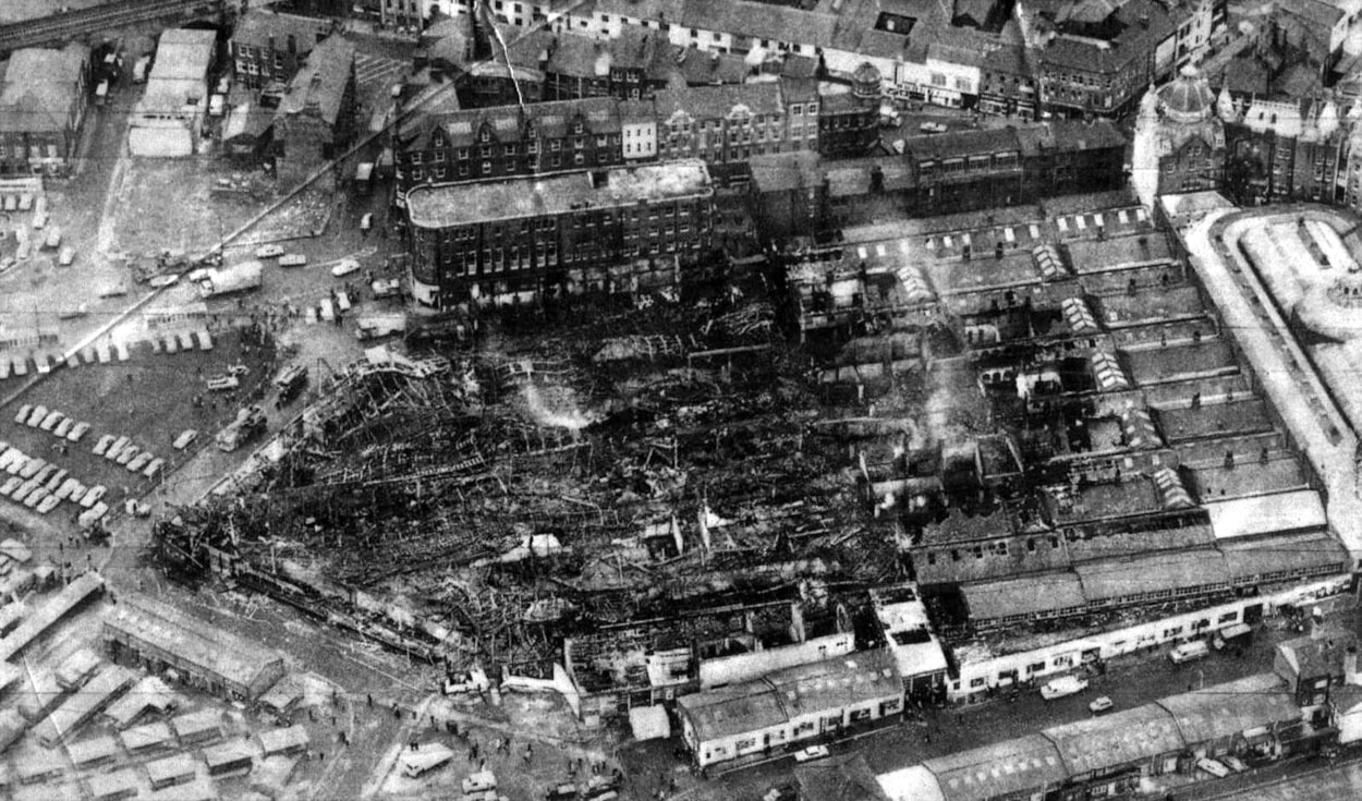 1975 Fire 1: An aerial view of Leeds Kirkgate Market showing the aftermath of the fire which broke out on December 13 in 1975. Copyright: Leeds Libraries.