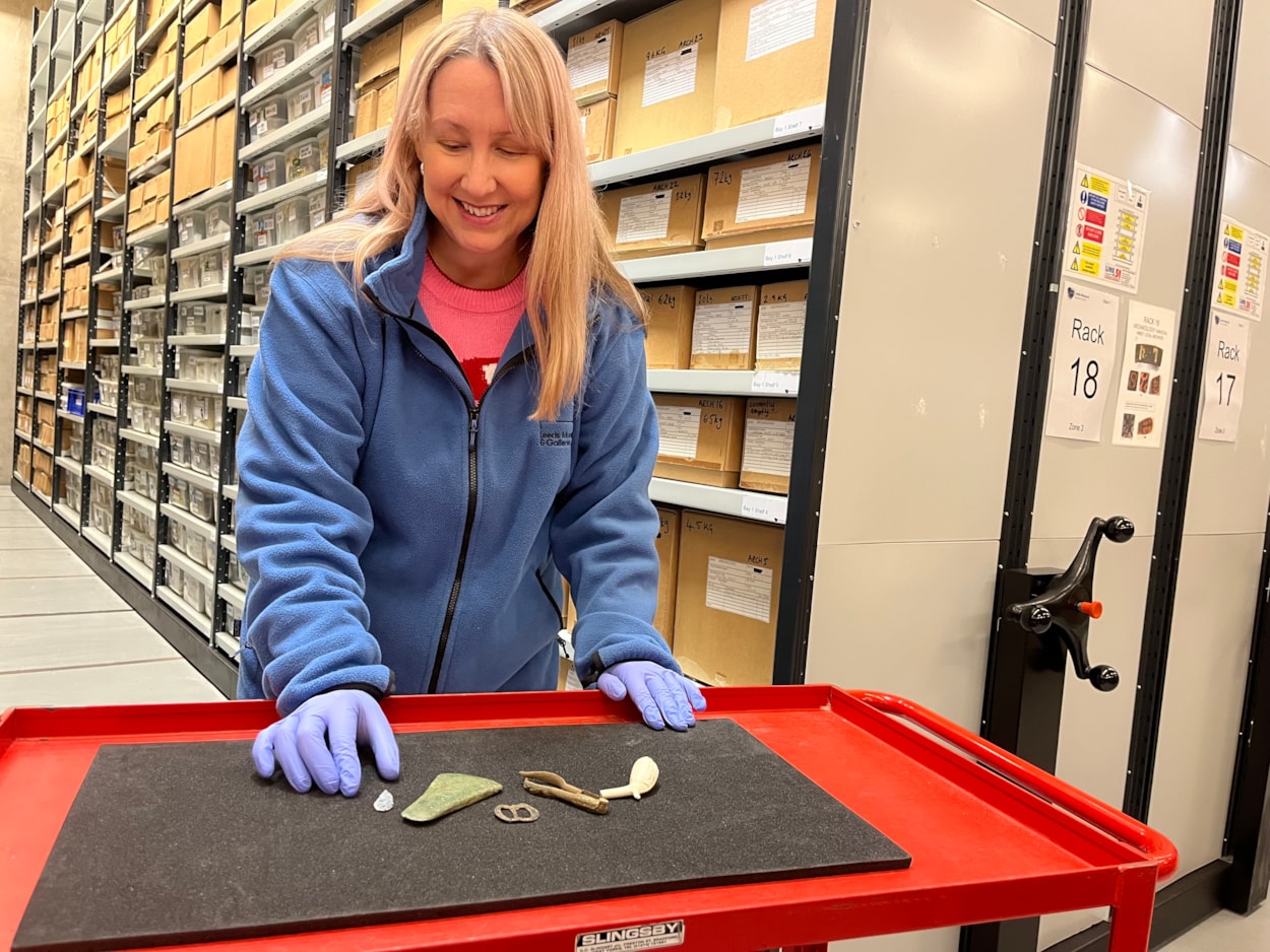 ELOR archive: Spanning more than six thousand years of the city’s history, the remarkable archive includes a beautifully preserved prehistoric arrowhead, a Bronze Age axe, medieval pottery and a 300-year-old pair of nutcrackers. Kat Baxter, Leeds Museums and Galleries' curator of archaeology is shown here with the finds.