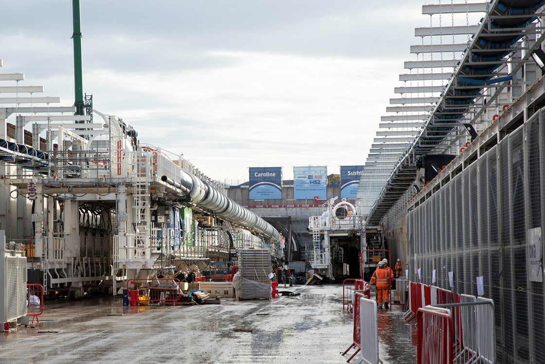 Entrance to HS2's Northolt Tunnel: HS2 tunnelling machines, Caroline and Sushila, at their launch site in West Ruislip, as they begin their 5-mile journey below ground towards London.