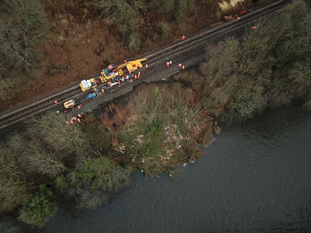 Vital repairs for storm-damaged Dumfries rail line now underway: 14 Feb Auldgirth Aerial 2