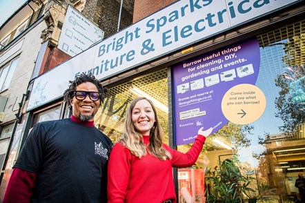 The outside of the Library of Things store, which is within the Bright Sparks Repair and Reuse store: From left to right: Diye Wariebi (CEO of the Bright Sparks Reuse Project) and Emma Shaw (Co-Founder of Library of Things)