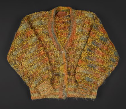 Woman's handknitted cardigan, yarn designed by Bernat Klein, pattern designed by Margaret Klein, 1963 - 1992.Image © National Museums Scotland