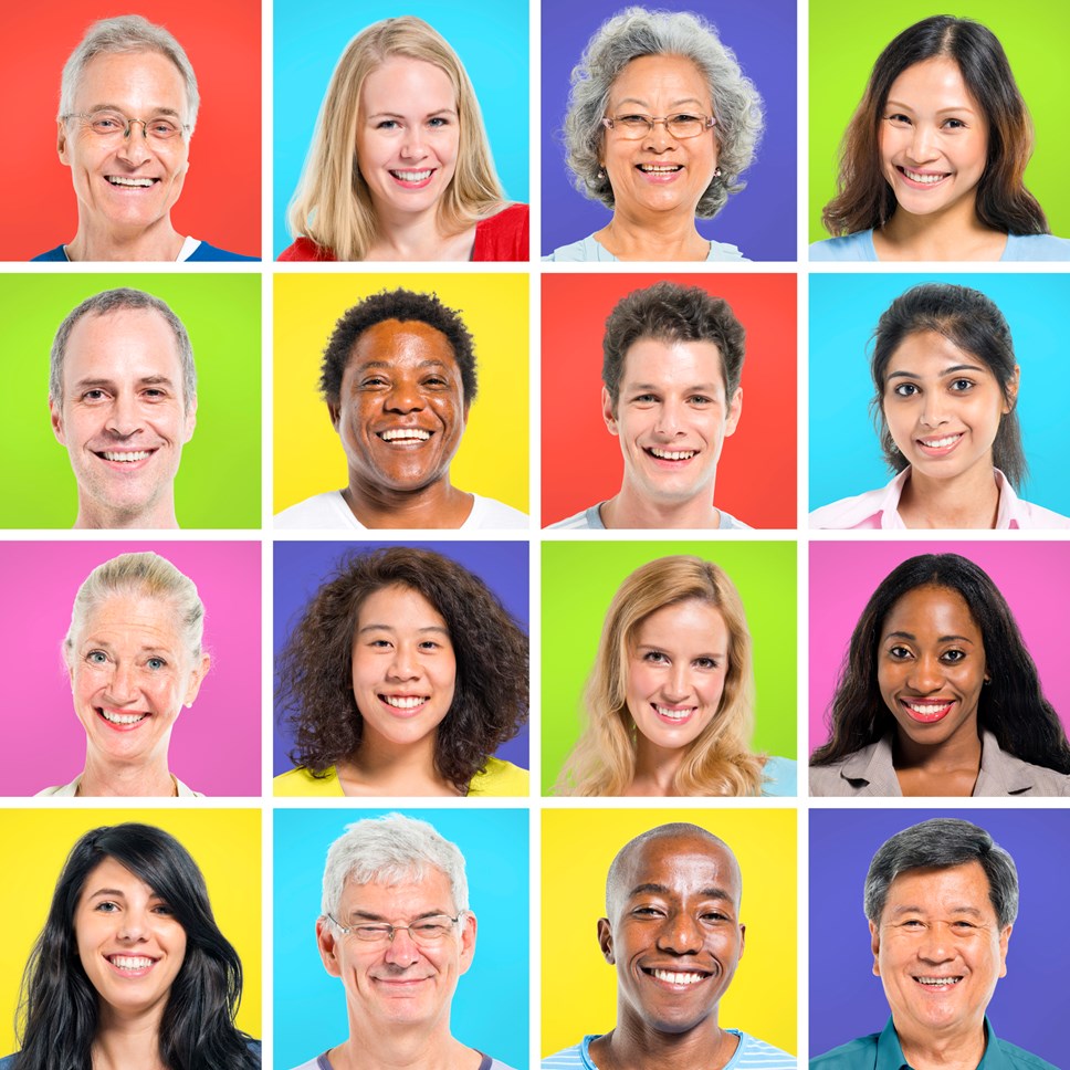 Rows of faces on colourful backgrounds, all ages, races and genders