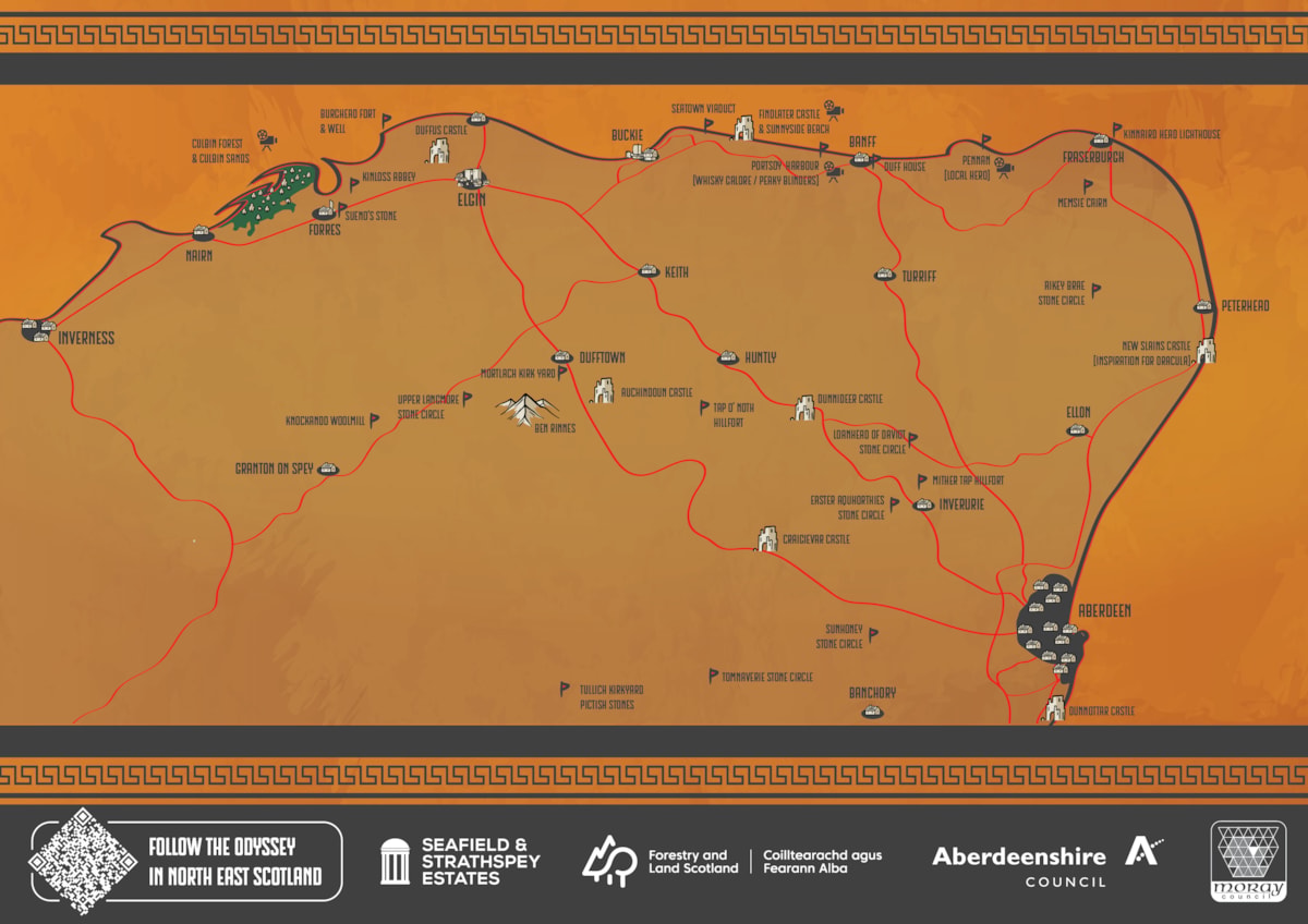 A wider map with places of historical interest in Moray and Aberdeenshire for film fans to visit.