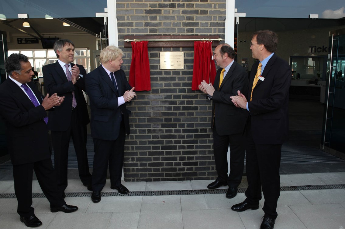 Clapham Junction: The official opening of the Brighton Yard Entrance
From left: Councillor Ravi Govindia, leader of Wandsworth Council; Robin Gisby, Network Rail’s director of operations and customer services; The Mayor of London Boris Johnson; Transport Minister, Norman Baker; Andy Pitt, managing director, South West Trains.