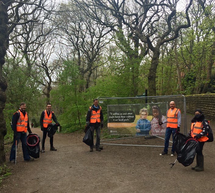 Volunteers in parks and green spaces,: A number of local organisations, businesses and teams from other Lees City Council services have added their support to the council's campaign. Here, members of the council's sustainable energy and air quality teams undertake a litter pick at Woodhouse Ridge.