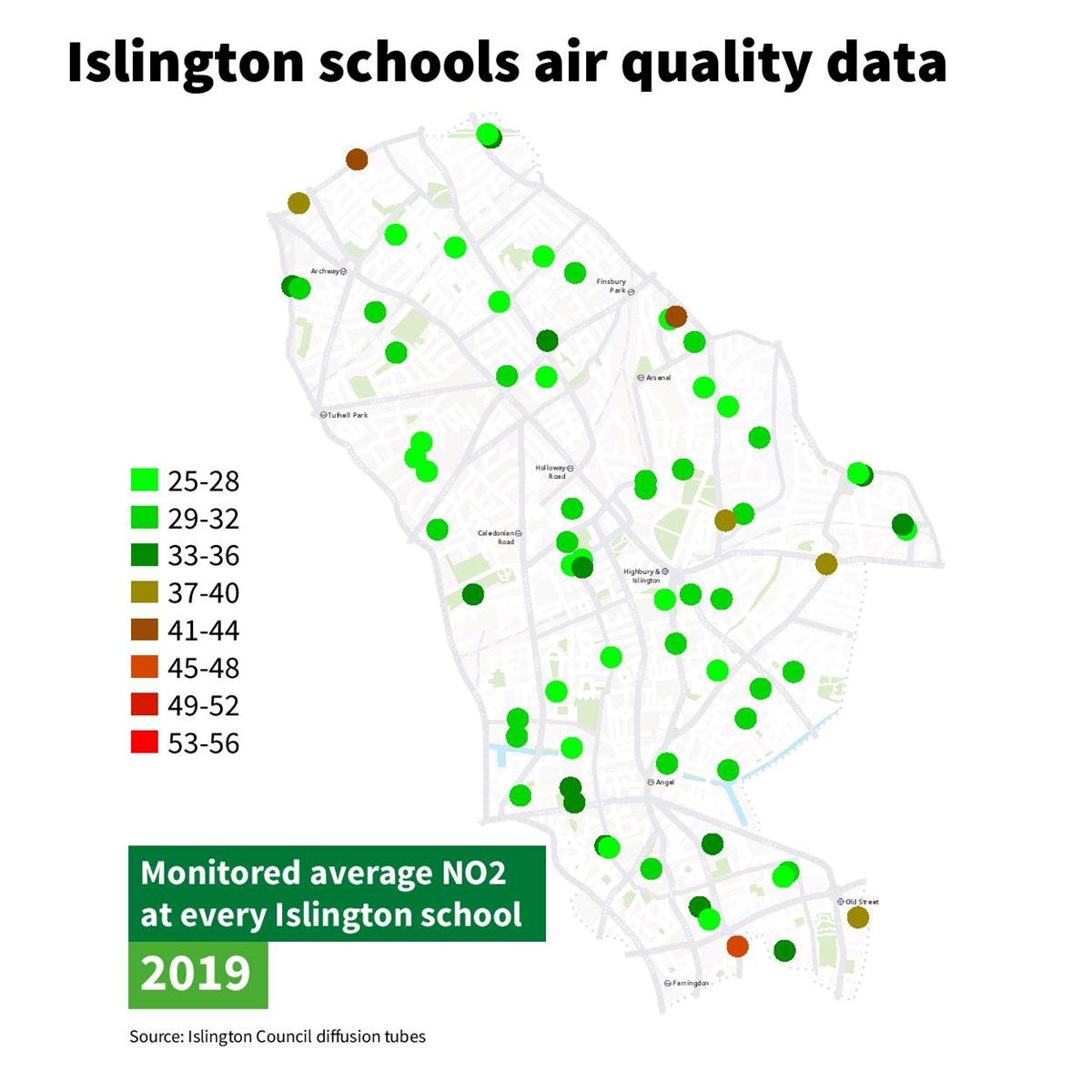A map showing air quality levels at school monitoring sites in Islington in 2019