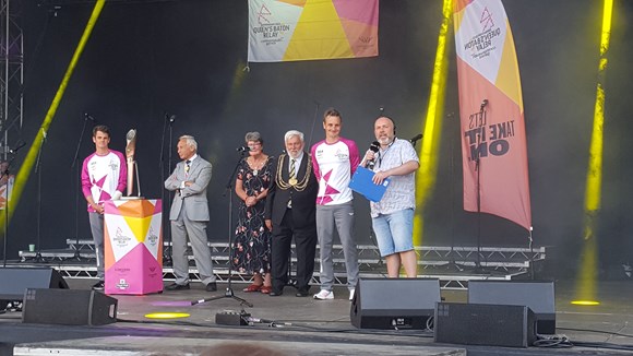 Baton on stage with Lord Mayor of Leeds Cllr Robert W Gettings