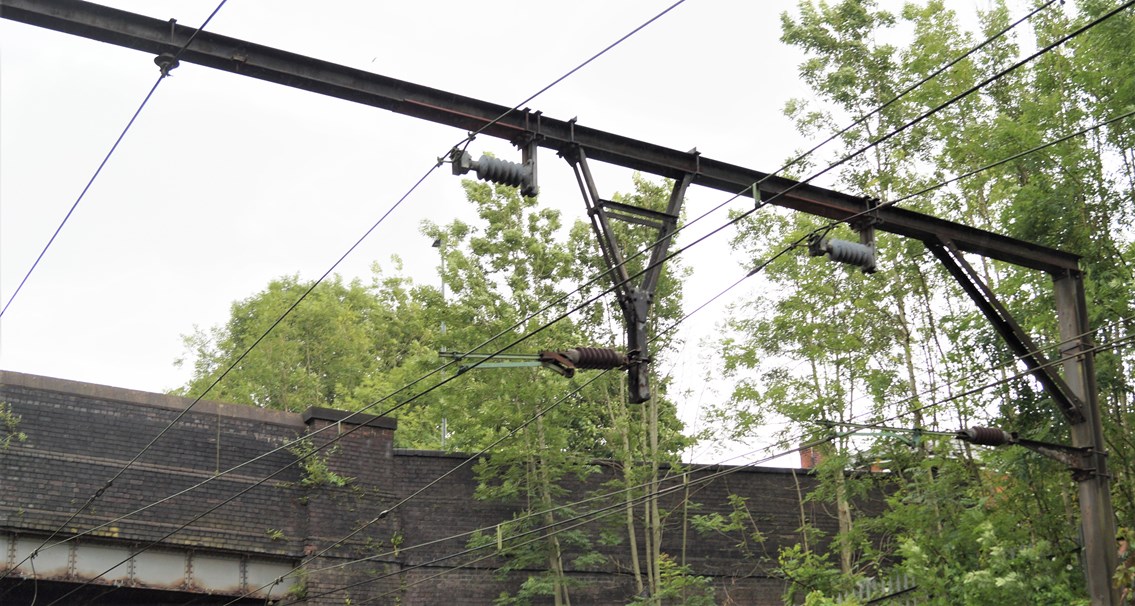 Example of the overhead line equipment being replaced at Ashburys in Manchester